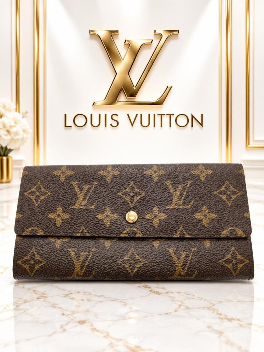 Authentic Louis Vuitton Monogram Sarah Long Wallet Brown Bifold Snap